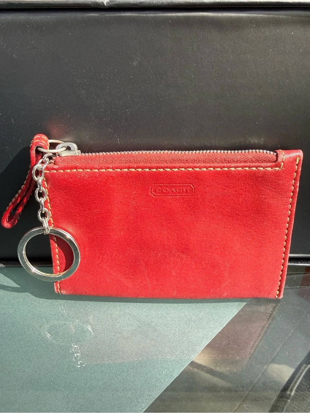 Coach Red Leather Zip Card Case with Keyring